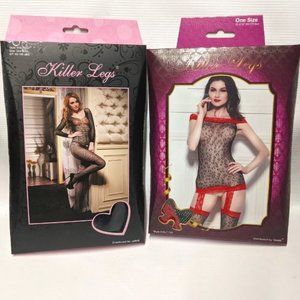 2 new lingerie outfits one Heart Design Long Sleeve Bodystocking killer legs
